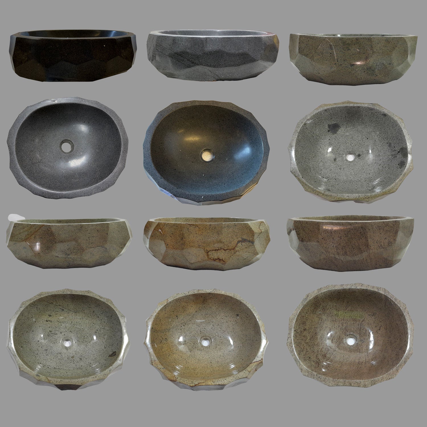 Collection of various stone vessel sinks on a gray background