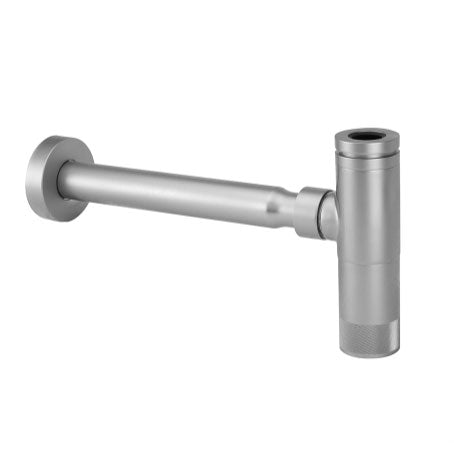 A polished nickel lavatory trap with a round wall outlet and inlet, featuring knurled detailing.