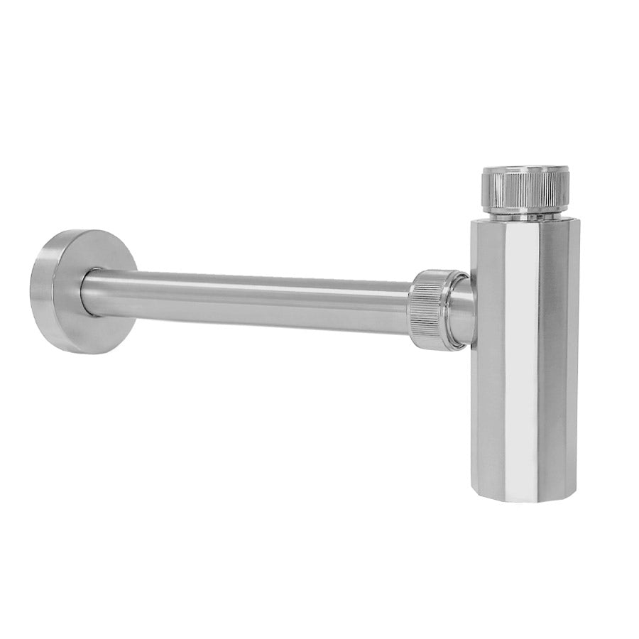 A polished nickel lavatory trap with a wall outlet and inlet, part of the Elemental Collection.