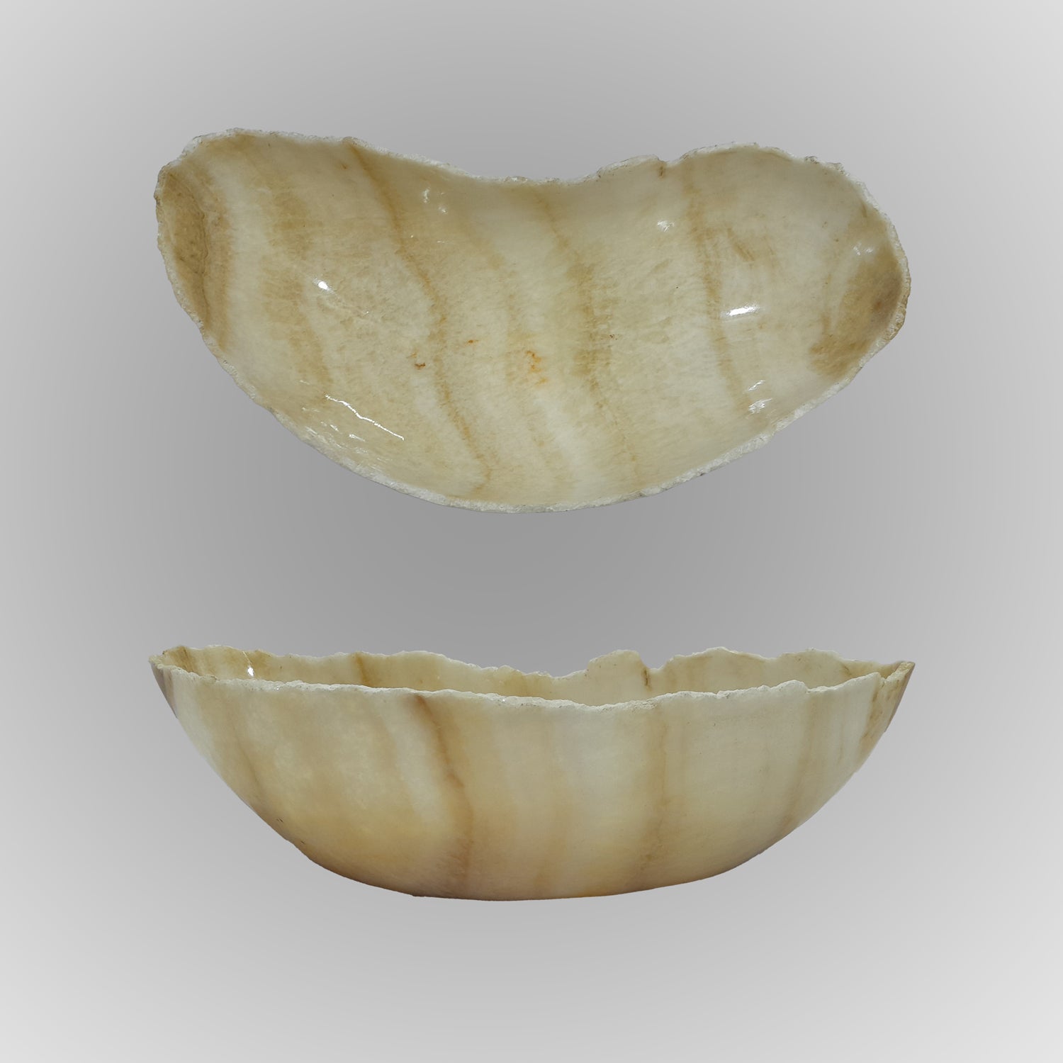 A free-form onyx bowl with a smooth, curved shape against a gray background.