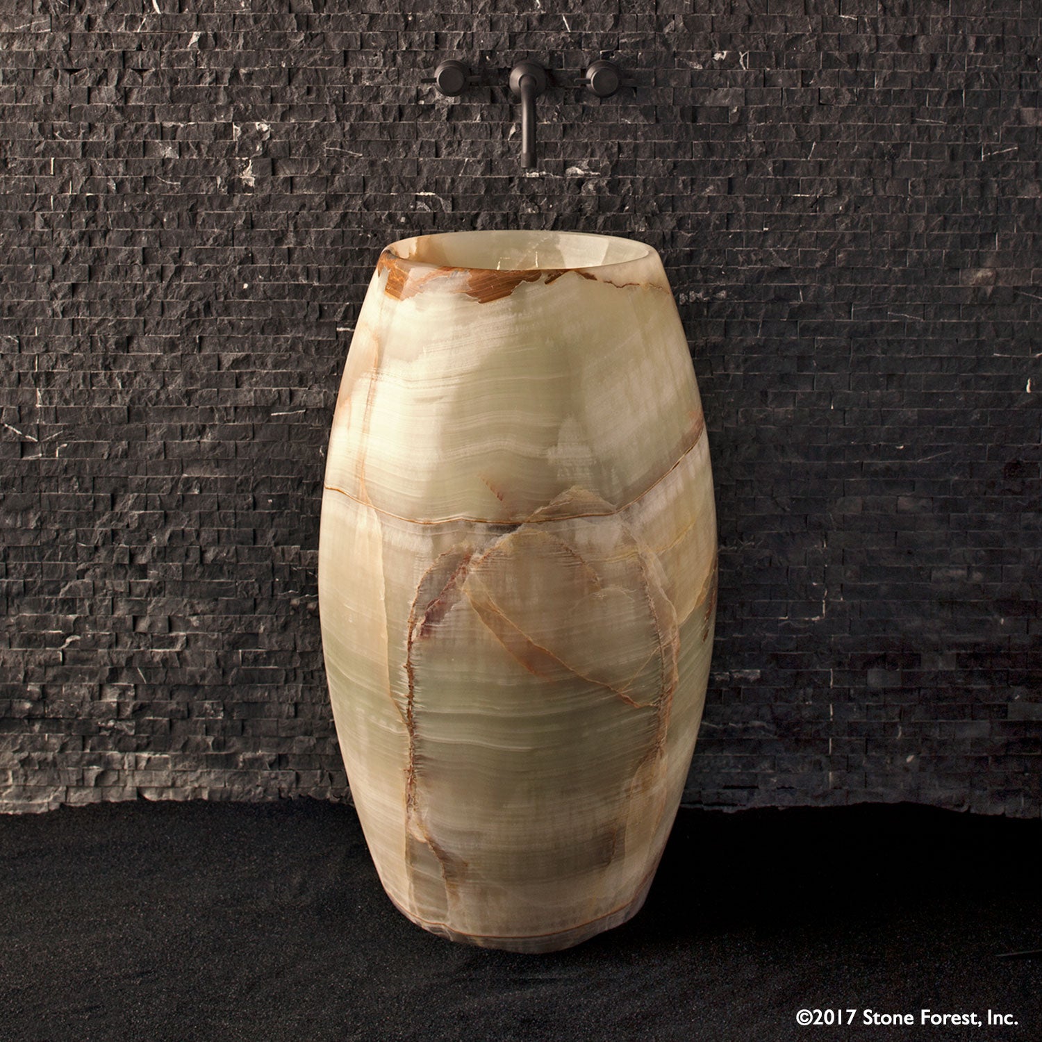 Barrel Pedestal Bath Sink carved from multi-color onyx