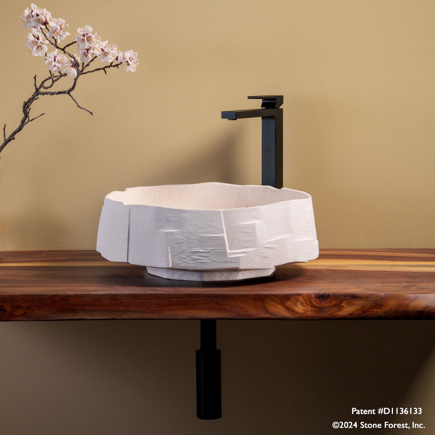 Desert cream limestone Edo vessel sink on wood countertop.