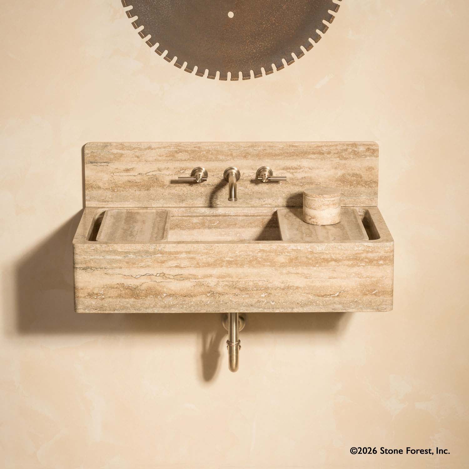 Italian Solver Cream Travertine modular sink with backsplash and accessories