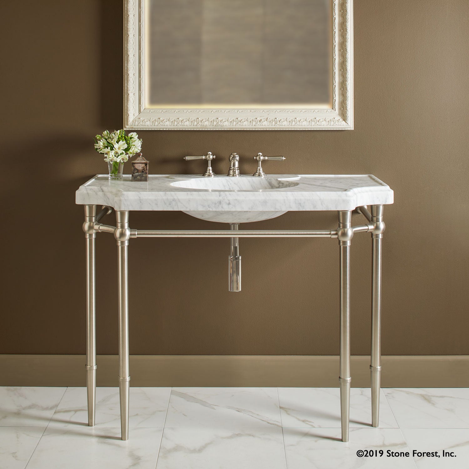 Bayonne Console Top Italian Carrara Marble on tapered legs in satin nickel
