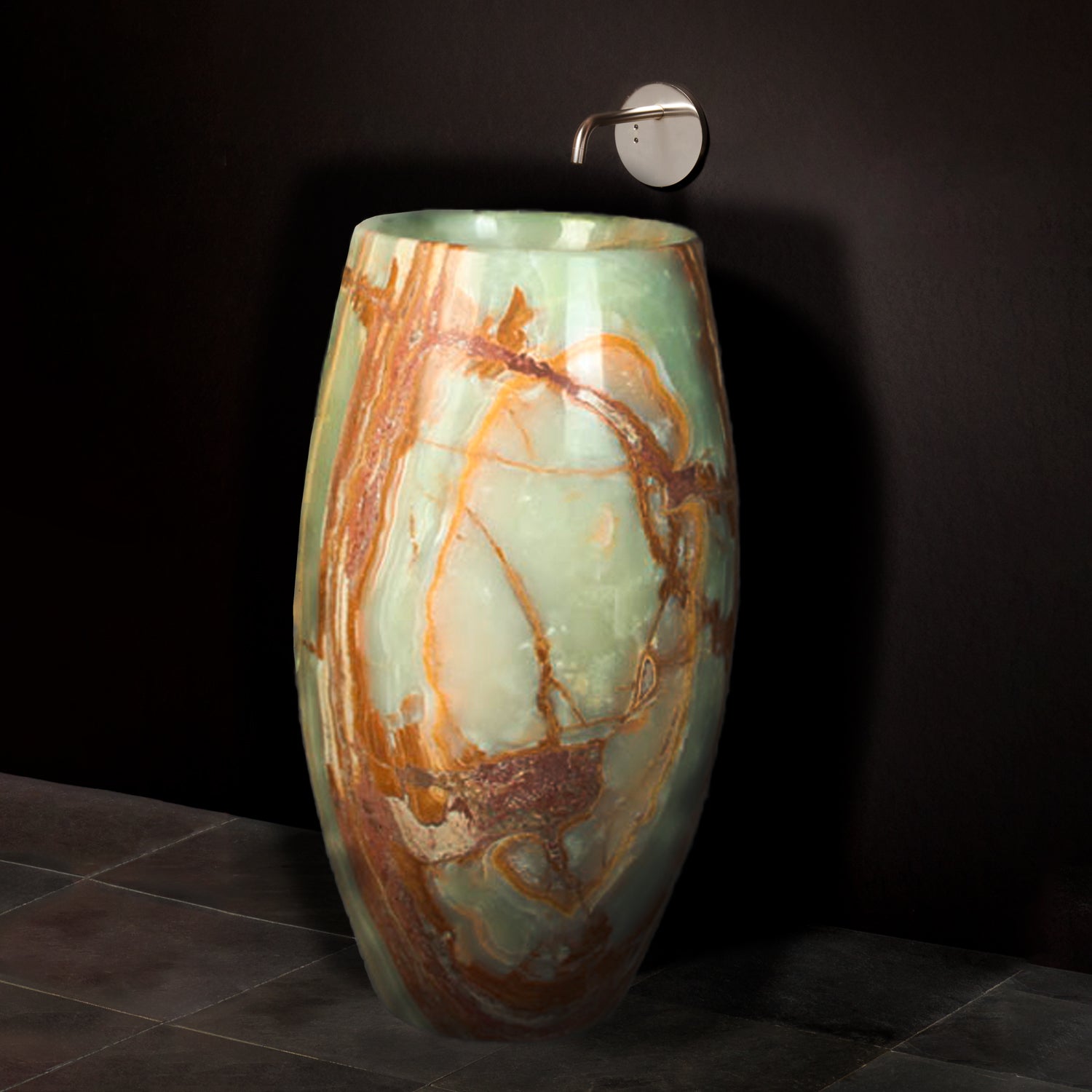 Barrel Pedestal Bath Sink carved from multi-color onyx