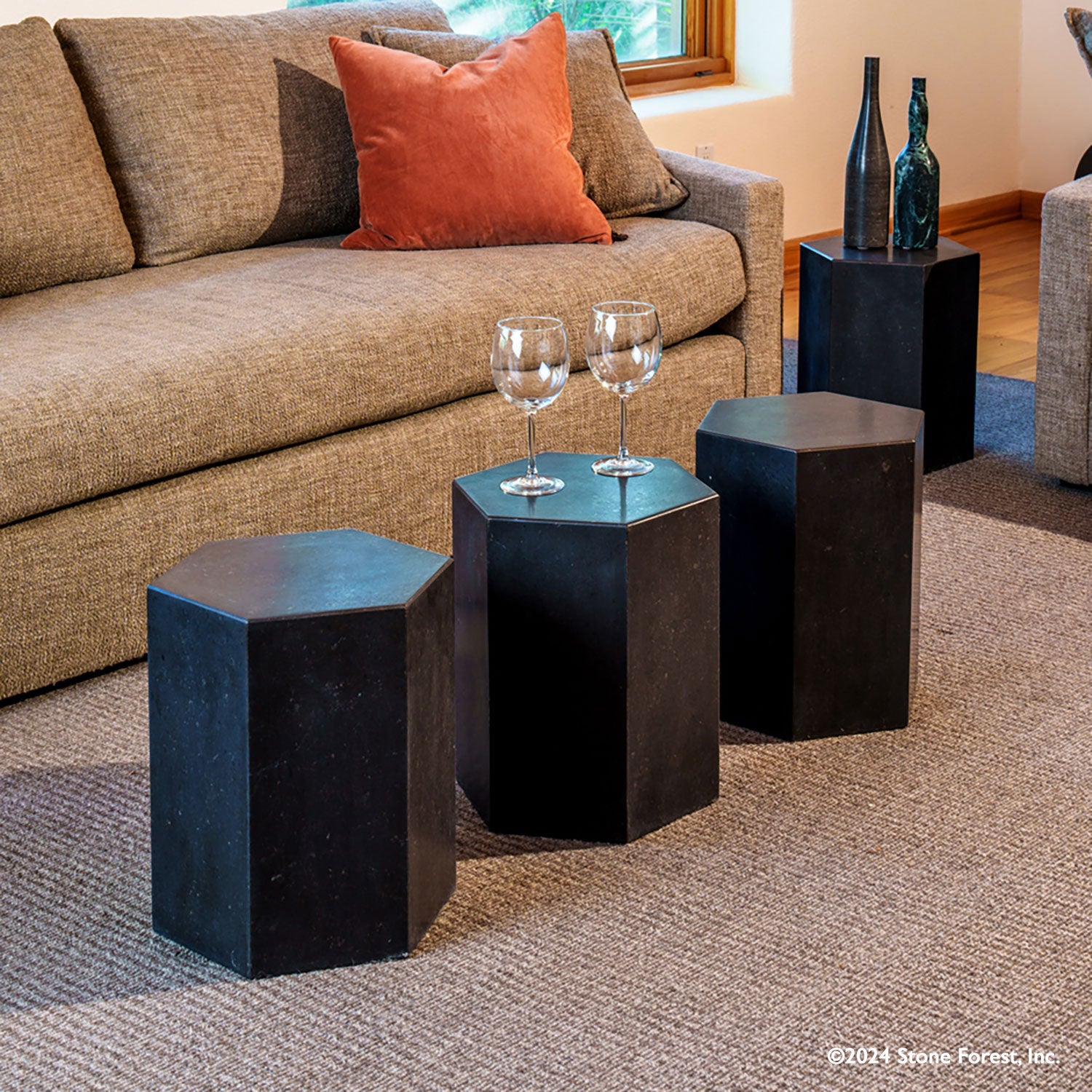Hexagonal tables in honed basalt