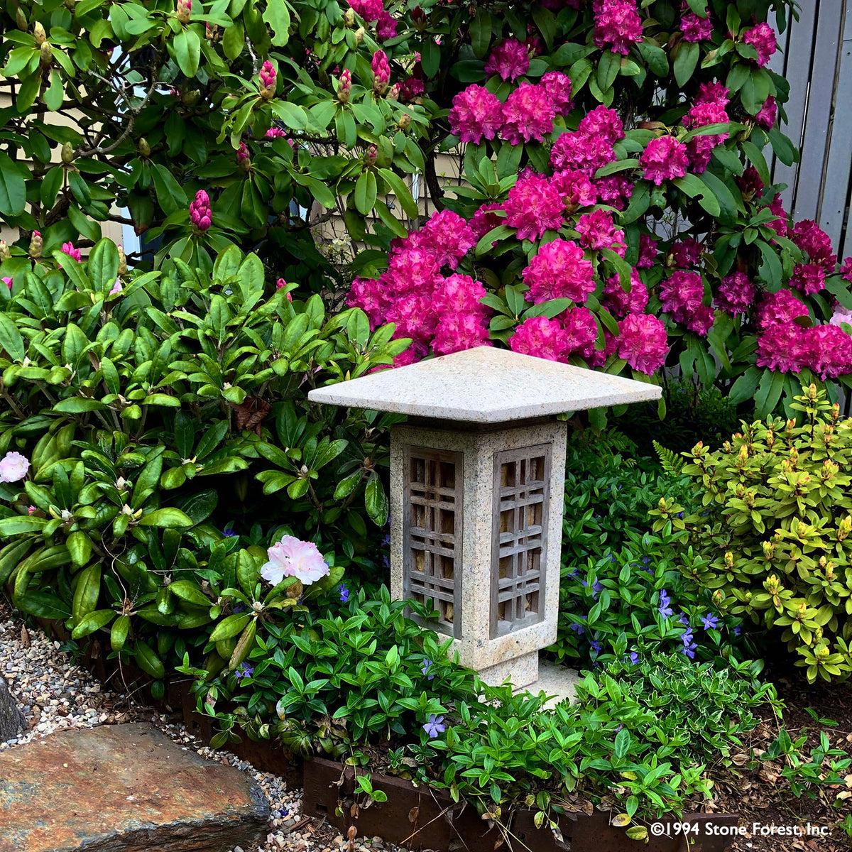 Craftsman Lantern: A Stone Forest original contemporary Japanese-style stone lantern carved from beige granite with wood windows. image 2 of 2