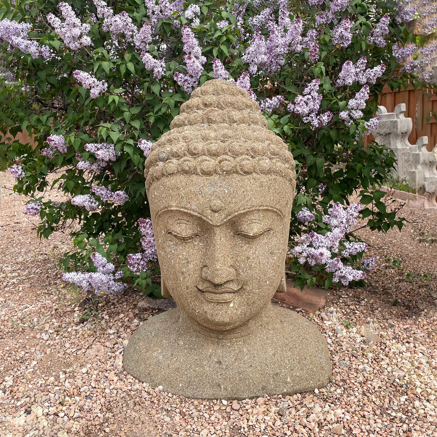 Stone Buddha head statue in a garden with purple flowers
