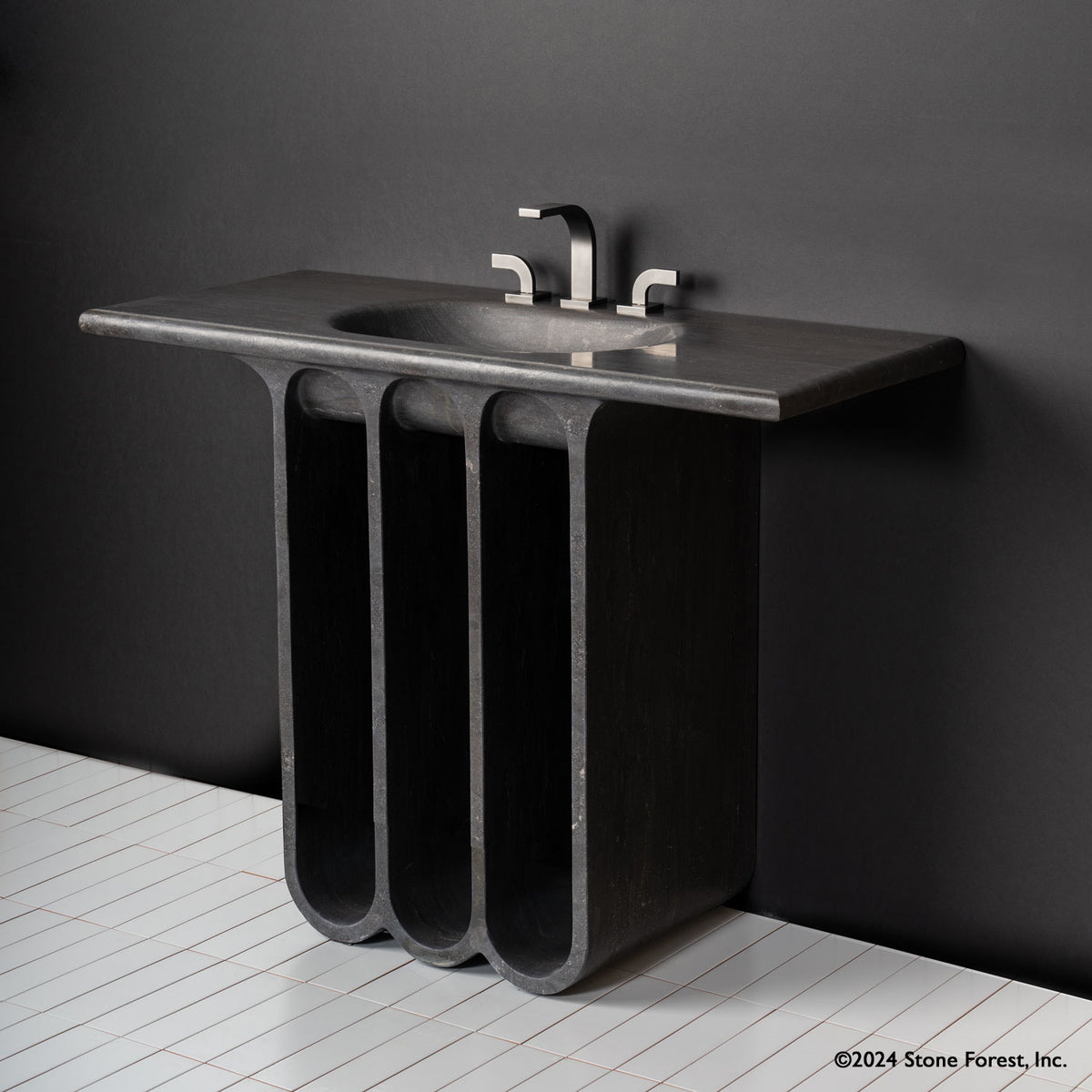 Portico Pedestal Bath Sink carved from a solid block of  antique gray limestone image 3 of 3