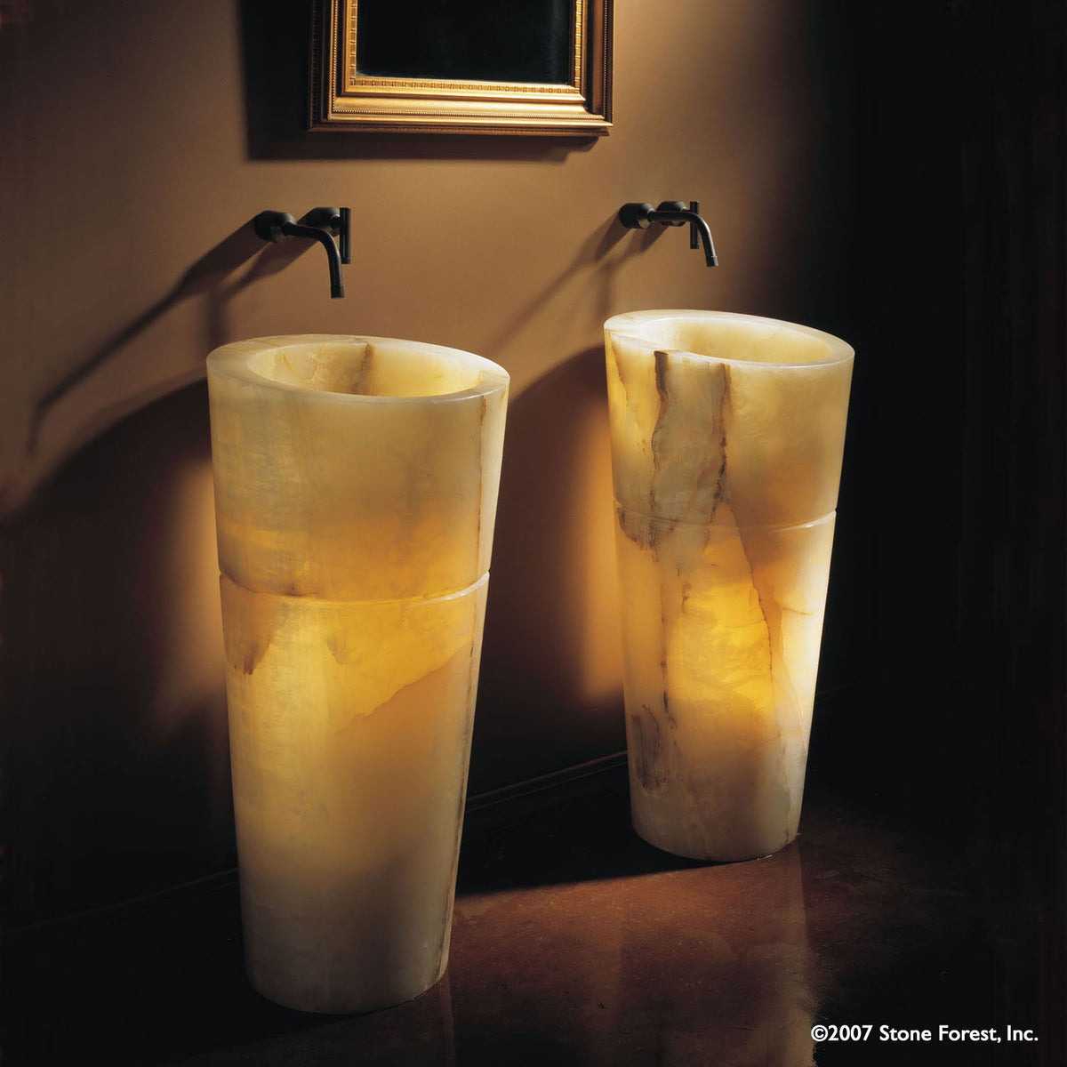 Stone Forest Veneto Pedestal Sink carved from a block of multi-onyx with a polished finish. image 2 of 7