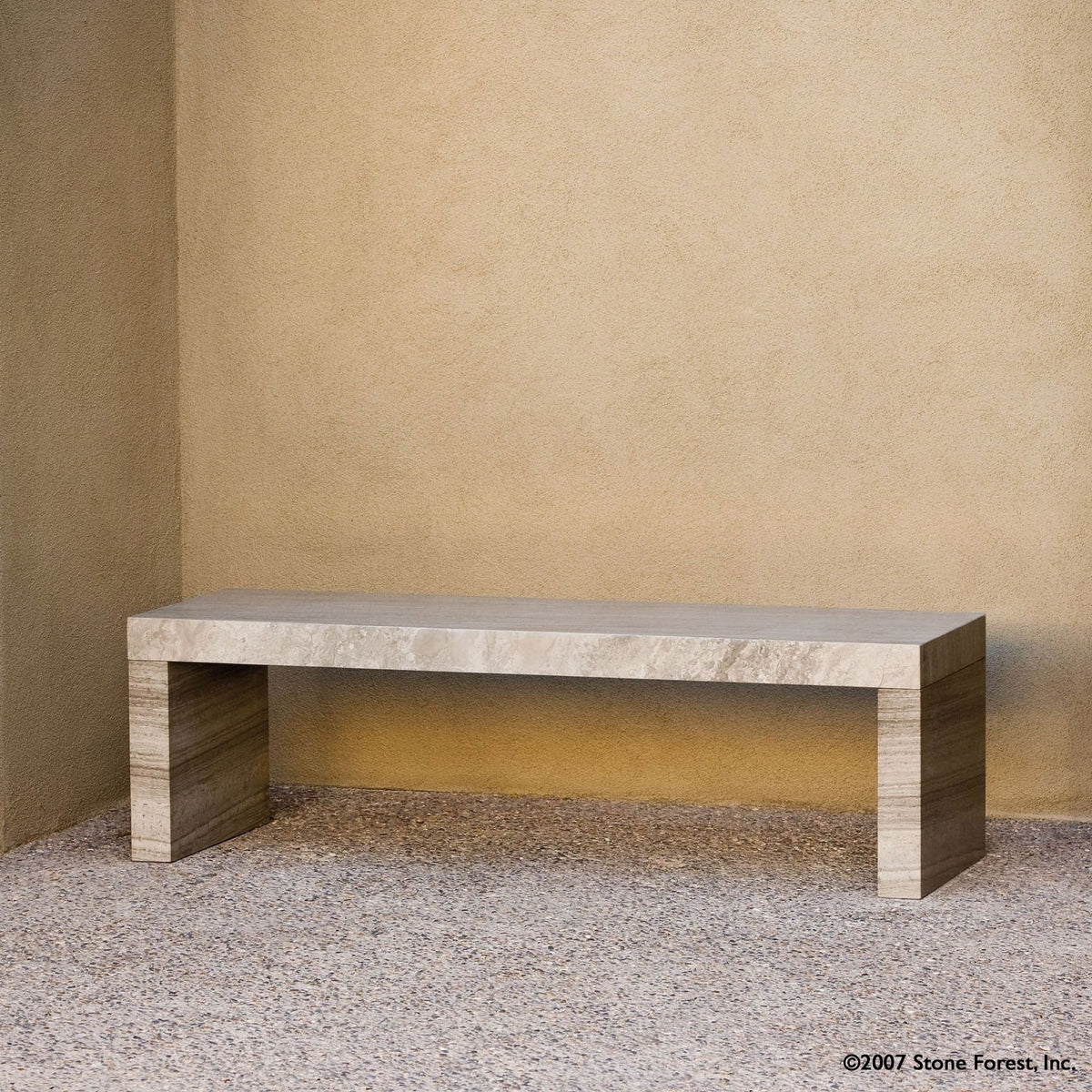 The Sierra Bench is a  contemporary piece made of three solid stone slabs joined together using mortise and tenon-style joints. Carved from Serpeggiante marble.  image 3 of 3