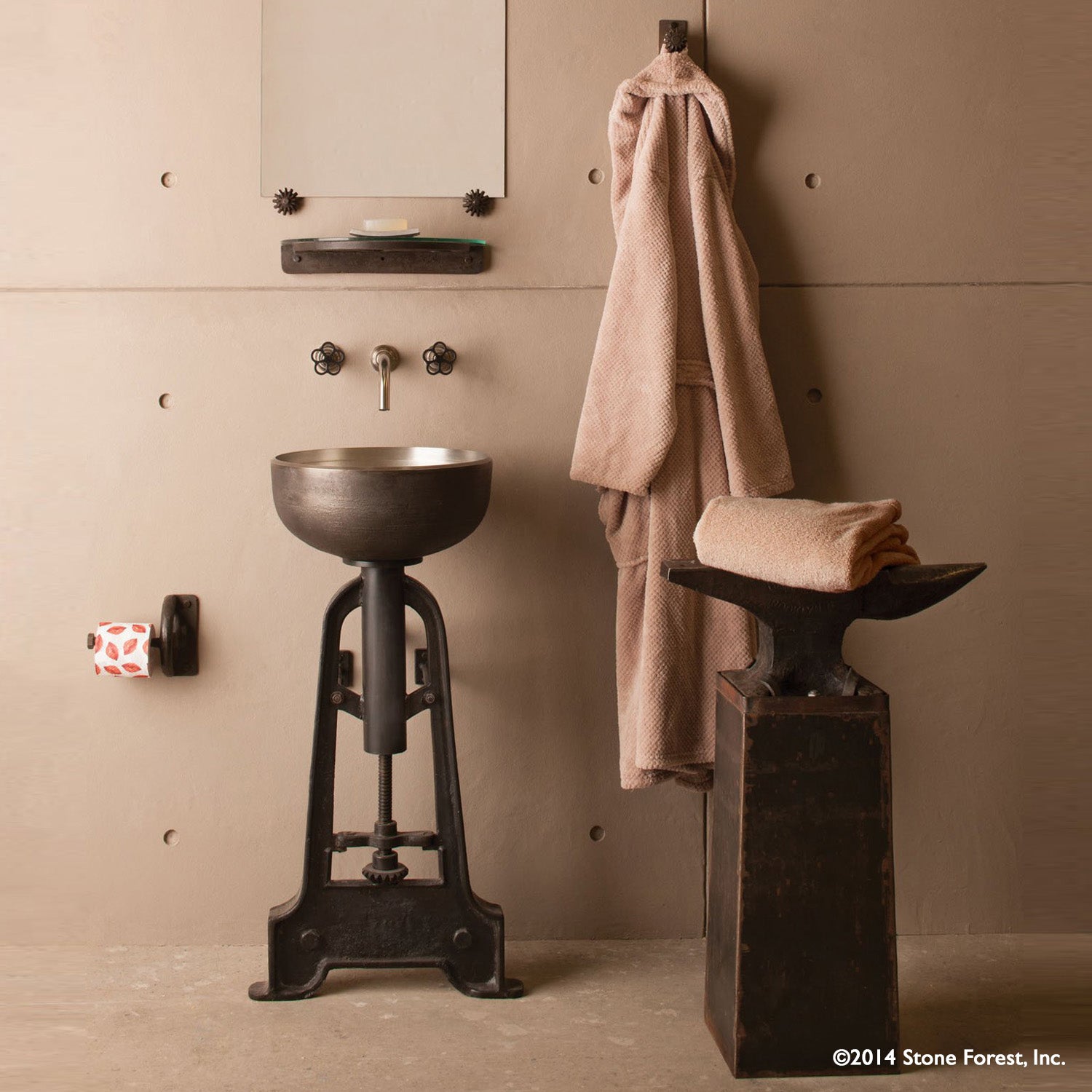 Industrial Pedestal forged from iron with Ore Vessel sink in white bronze