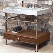 A bathroom vanity with a marble top, wooden base with a drawer, and metal leg supports.