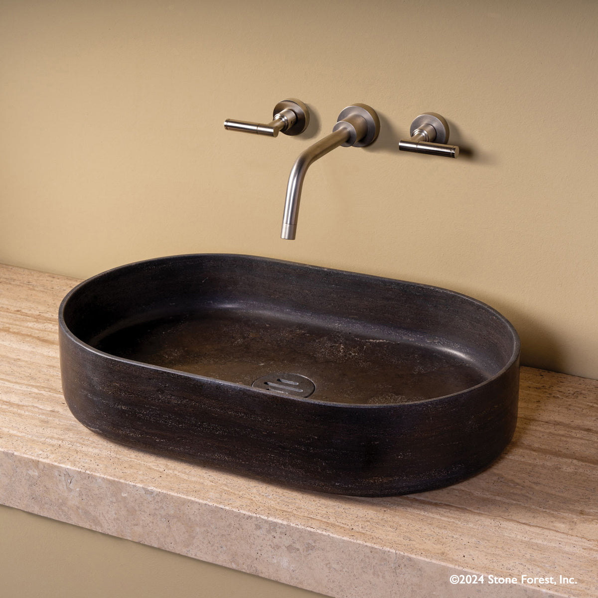 Oval Contour Vessel Bath Sink in antique gray limestone with drain cover image 2 of 3