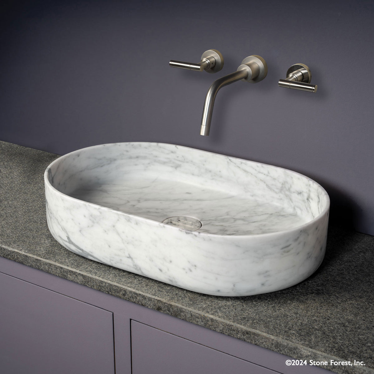 Oval Contour Vessel Bath Sink in carrara marble with drain cover image 1 of 3