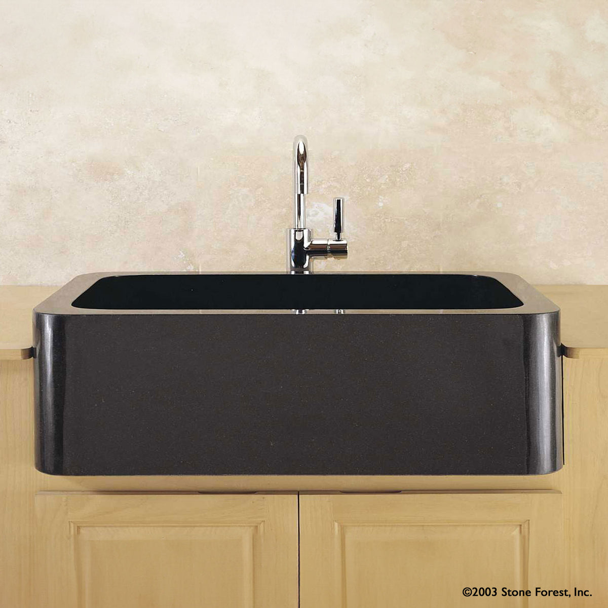 Polished Front Farmhouse Sink carved from Black Granite image 2 of 3