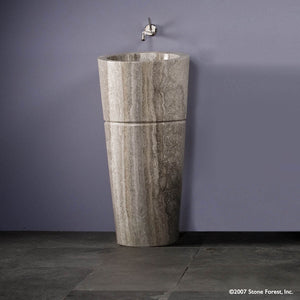 Stone Forest Veneto Pedestal Sink carved from a block of silver travertine with a polished finish. image 4 of 7