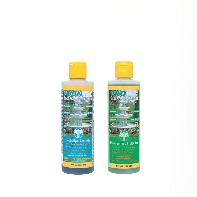 Two bottles of water treatment for fountains, one labeled 'Fountec' for algae and the other 'Protec' for mineral deposit treatment