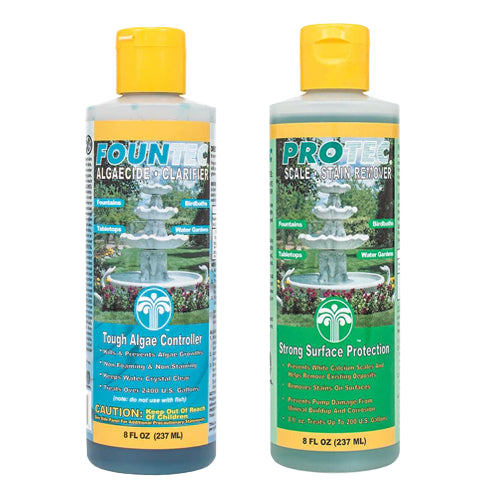 Two bottles of water treatment for fountains, one labeled 'Fountec' for algae and the other 'Protec' for mineral deposit treatment image 2 of 4