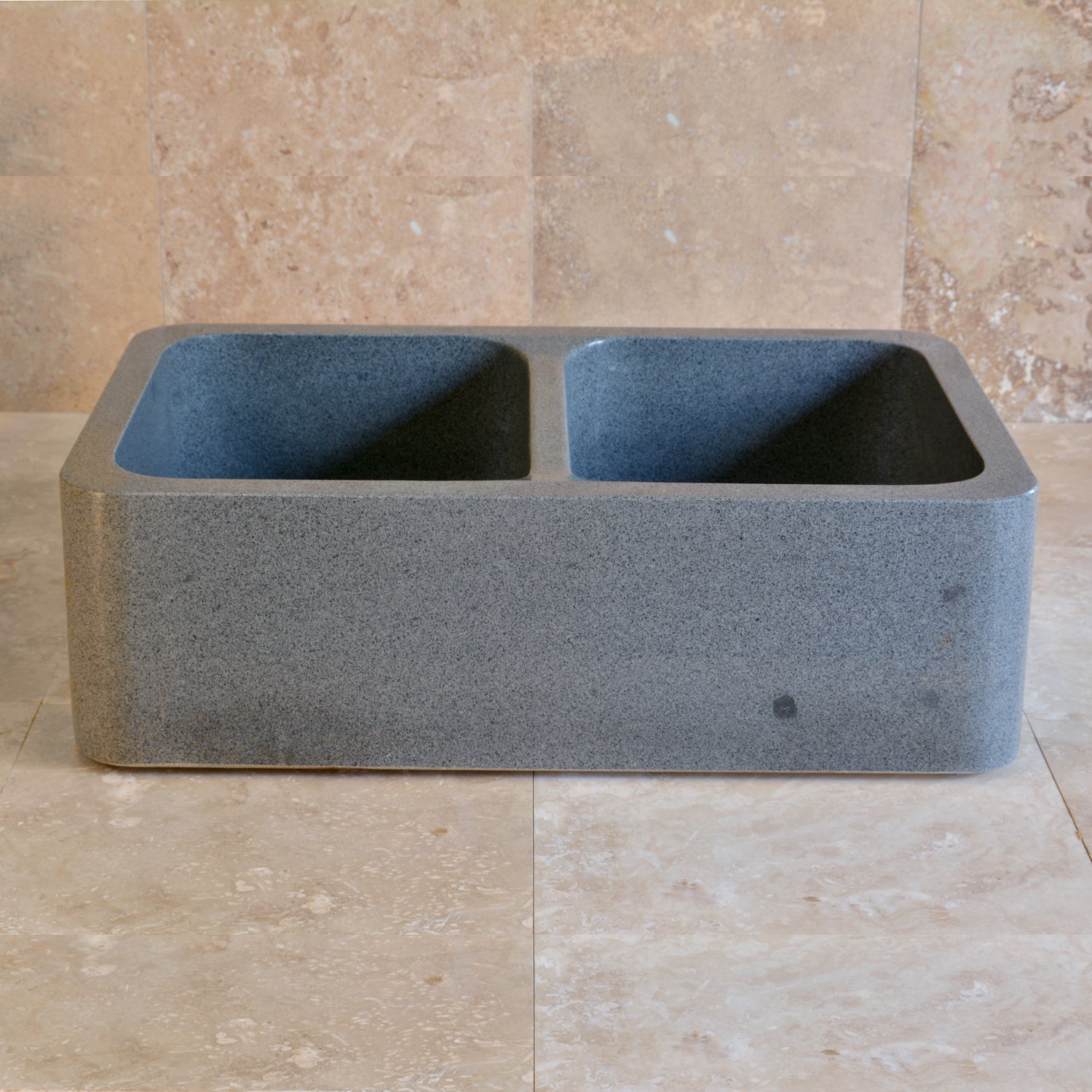Double Basin Farmhouse Kitchen Sink, Blue-Grey Granite