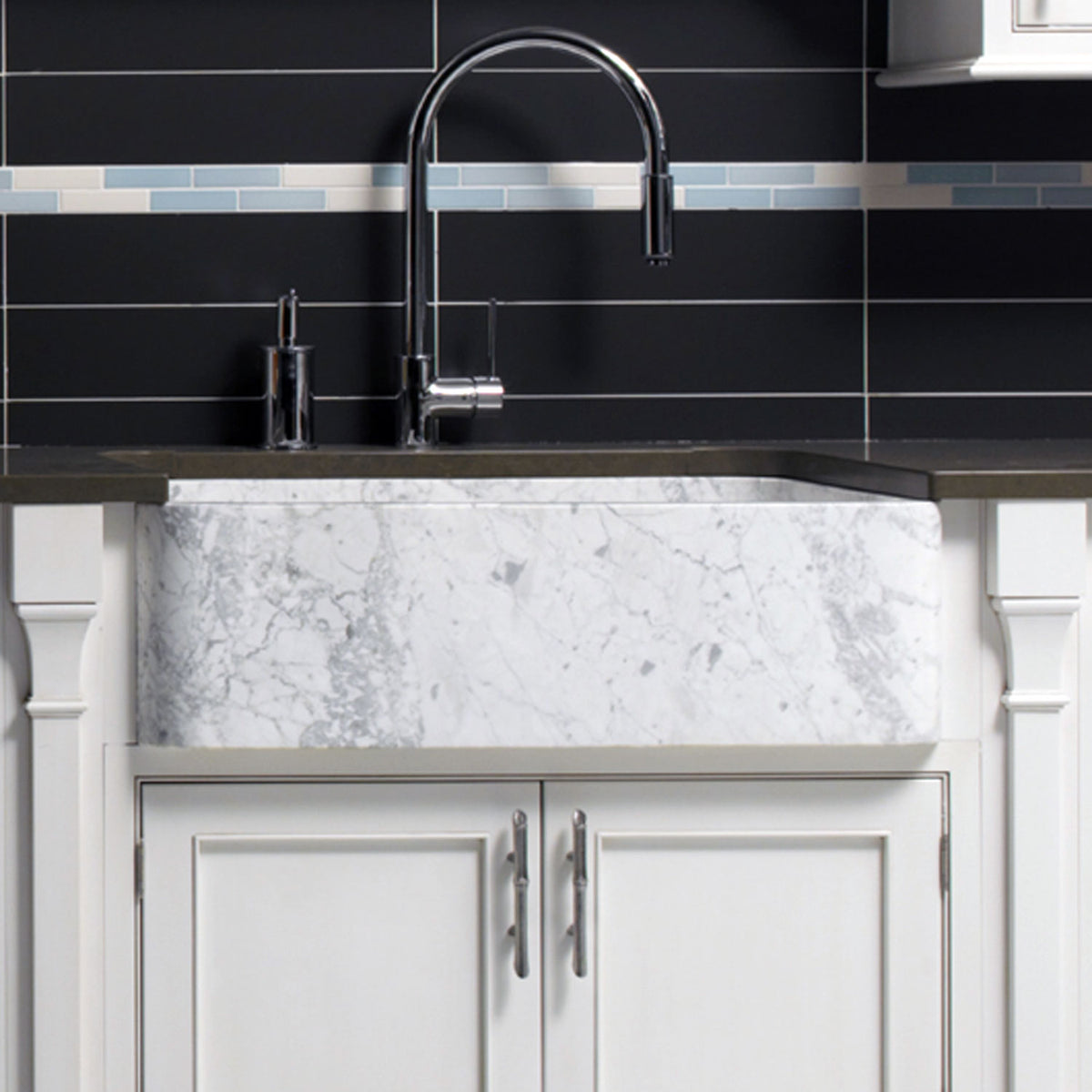 Polished Front Farmhouse Sink carved from carrara marble image 3 of 3