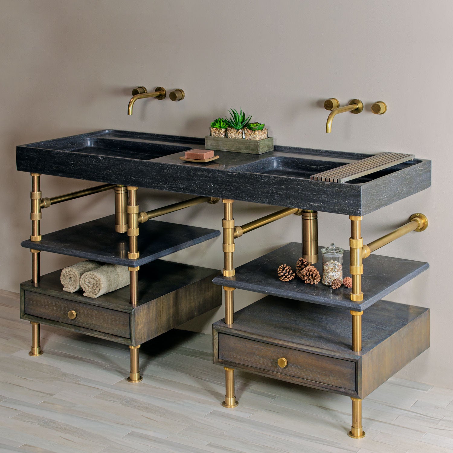 Custom Double Basin Ventus Sink with Faucet Deck in antique gray limestone paired with Elemental Classic Console Vanity in aged brass