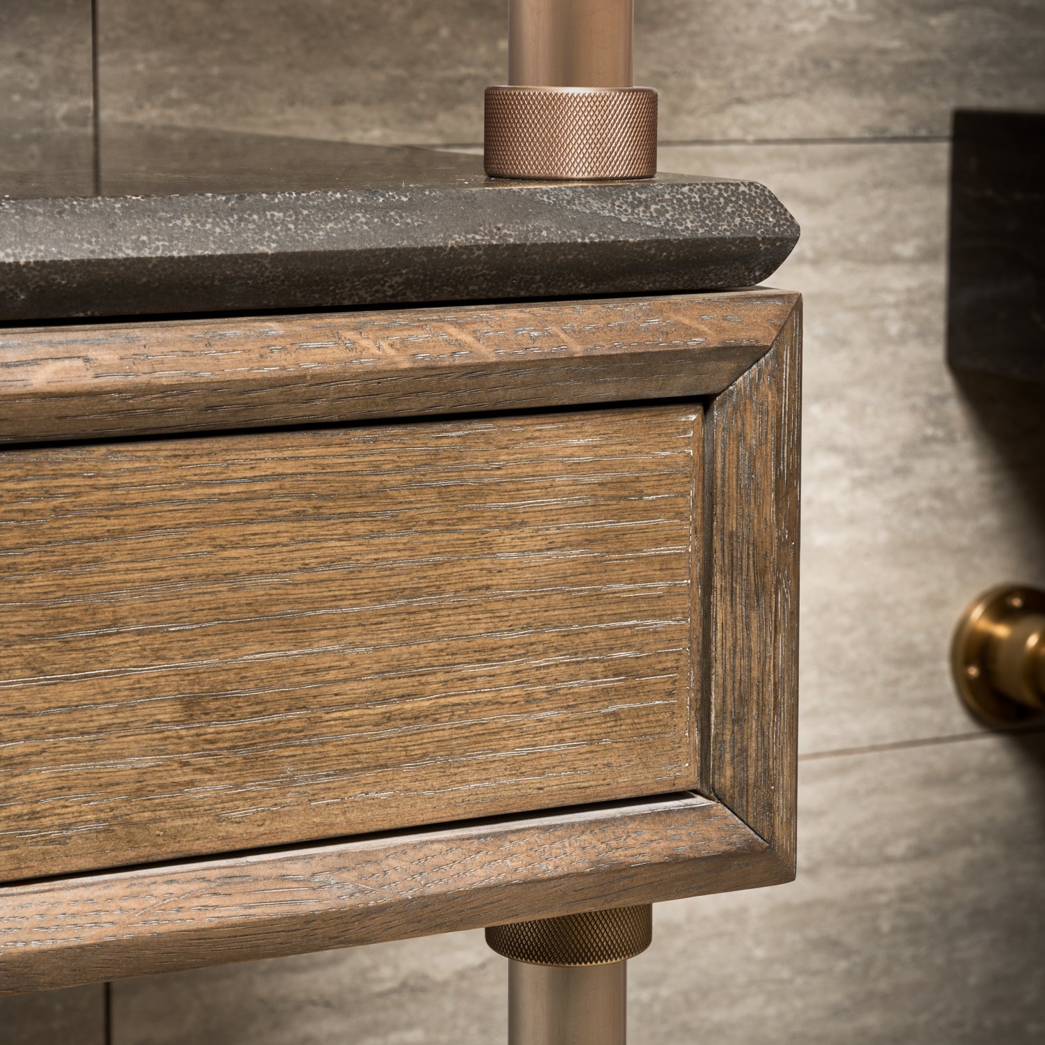 Stone Forest Elemental Classic detail of fittings, cement gray wood and antique gray limestone shelf