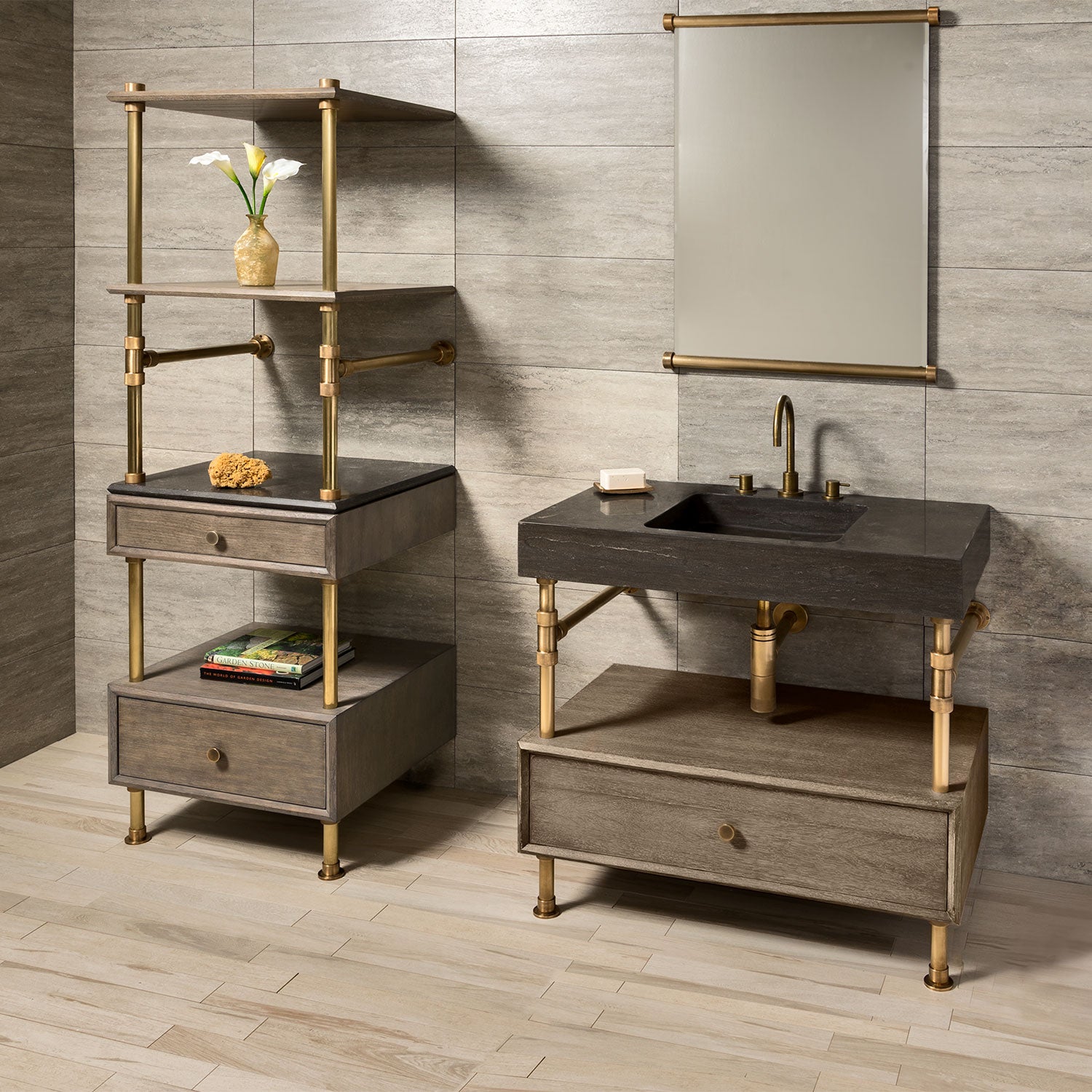 Antique gray limestone Terra bath sink supported by an Elemental Classic vanity with a wood drawer. With Storage Unit to the left.