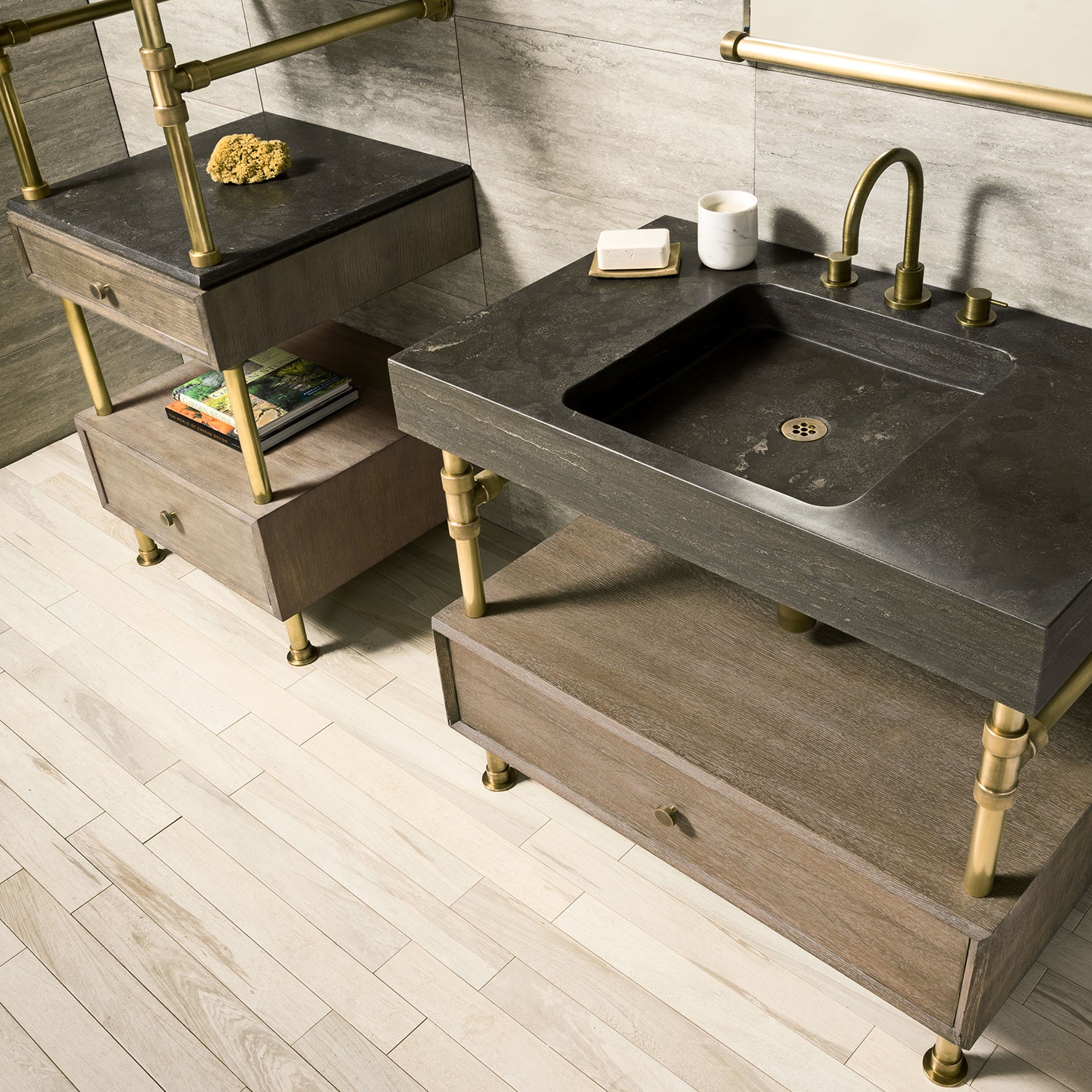 A Terra Bath Sink high angle in antique gray limestone