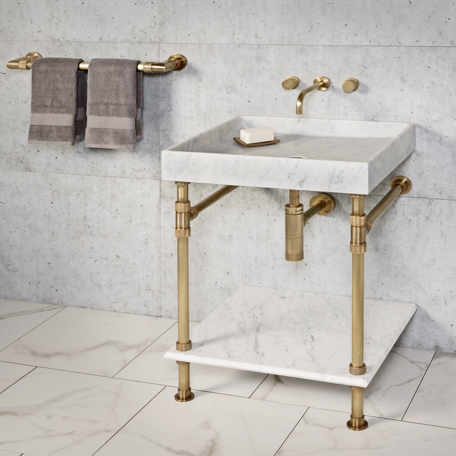 Ventus Bath Sink with Elemental Classic Shelf Vanity carrara marble and aged brass
