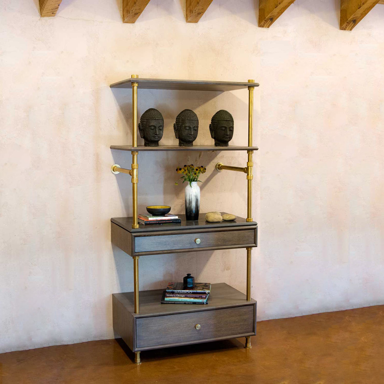 Stone Forest Elemental Classic Storage Set in aged brass and antique gray limestone.