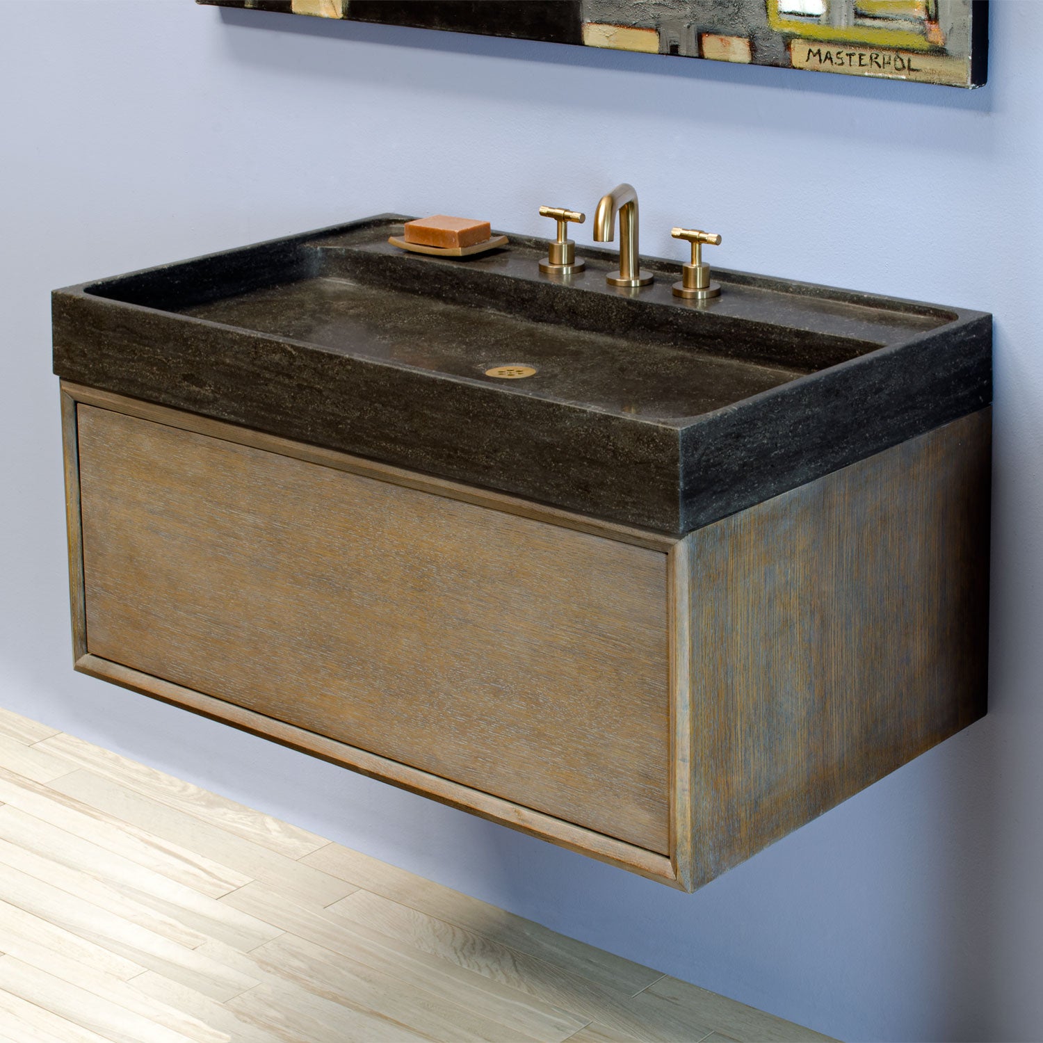 Ventus Bath Sink with Faucet Deck in antique gray limestone paired with Elemental Hanging Vanity