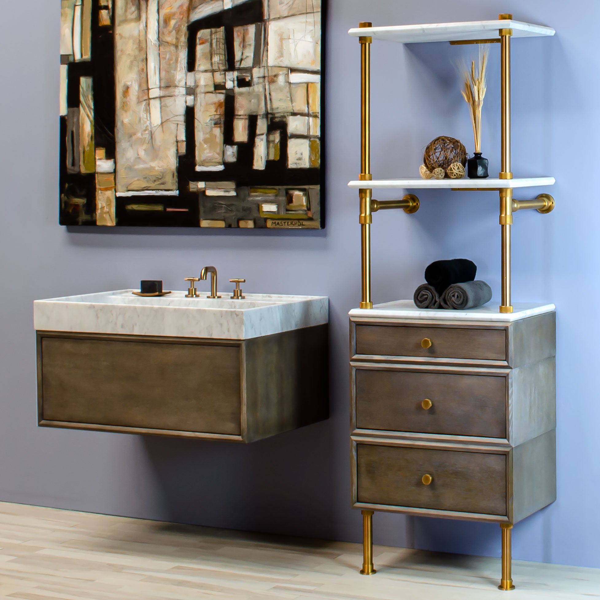 Ventus Bath Sink with Faucet Deck paired with Elemental Hanging Vanity paired with Elemental Classic Shallow Storage Unit