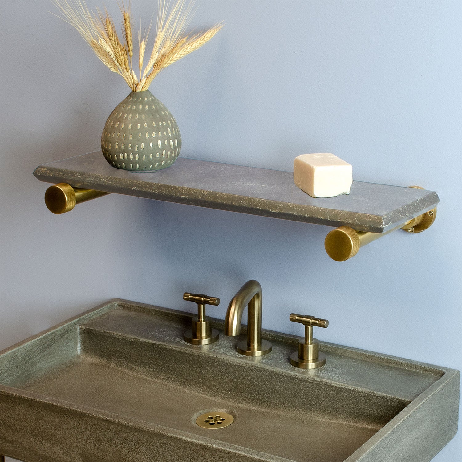 Elemental Classic Accessory Shelf in antique gray limestone and aged brass