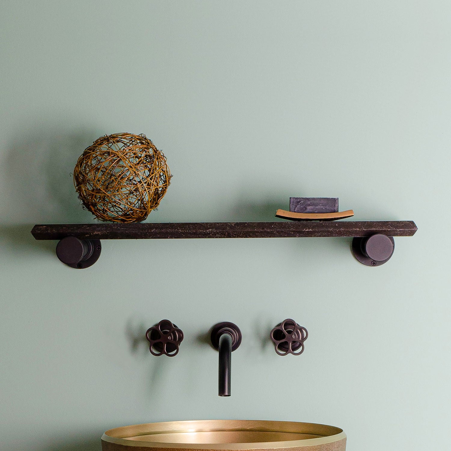 Elemental Classic Accessory Shelf in antique gray limestone and aged brass