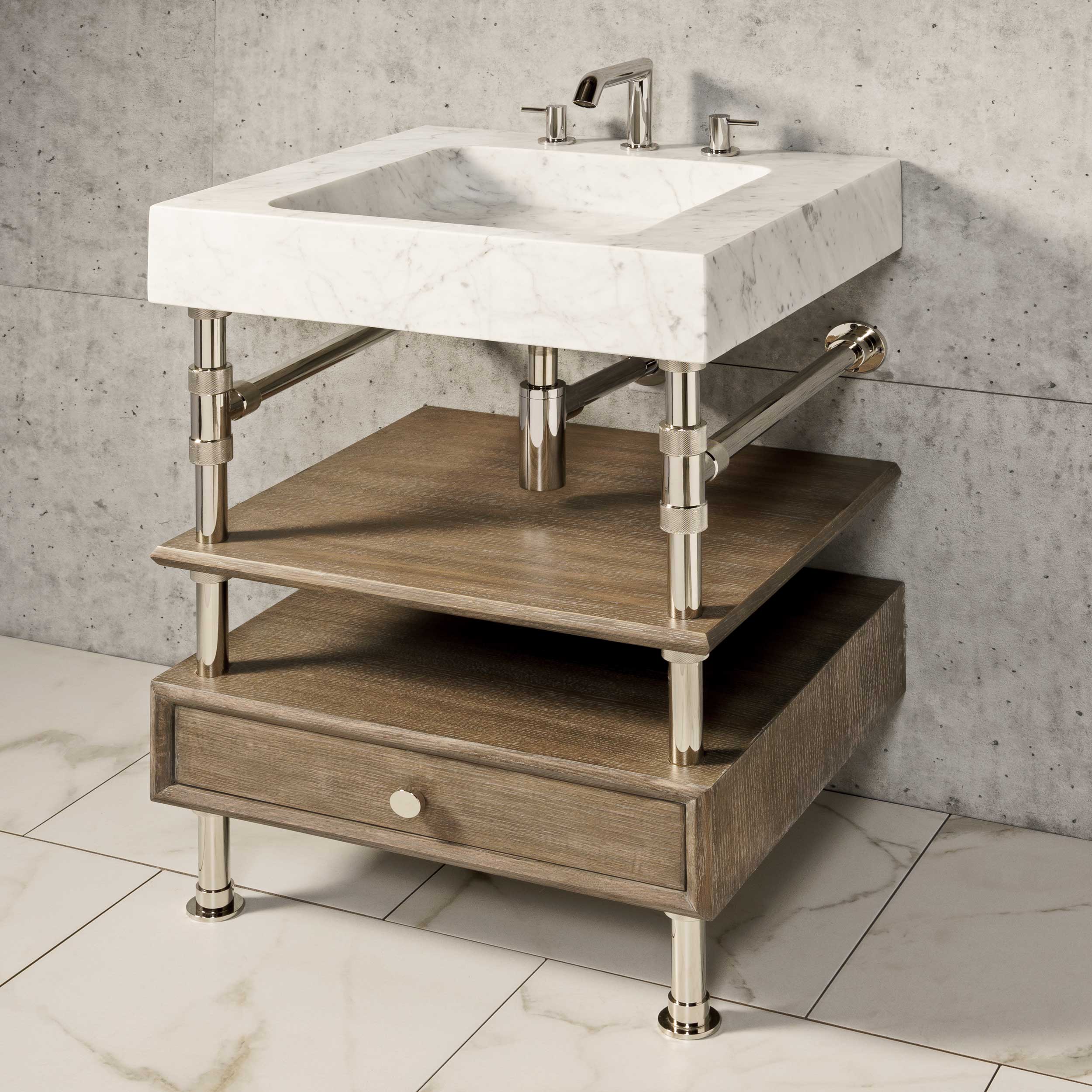Terra Bath Sink carved from Carrara Marble with a honed finish, with a polished nickel Elemental Console Vanity with a 6"h drawer and shelf in cement gray.