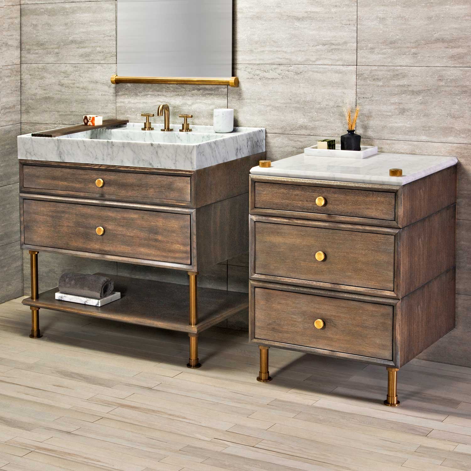Ventus Bath Sink with Faucet Deck in carrara marble paired with Elemental Classic Vanity with Split Drawers.