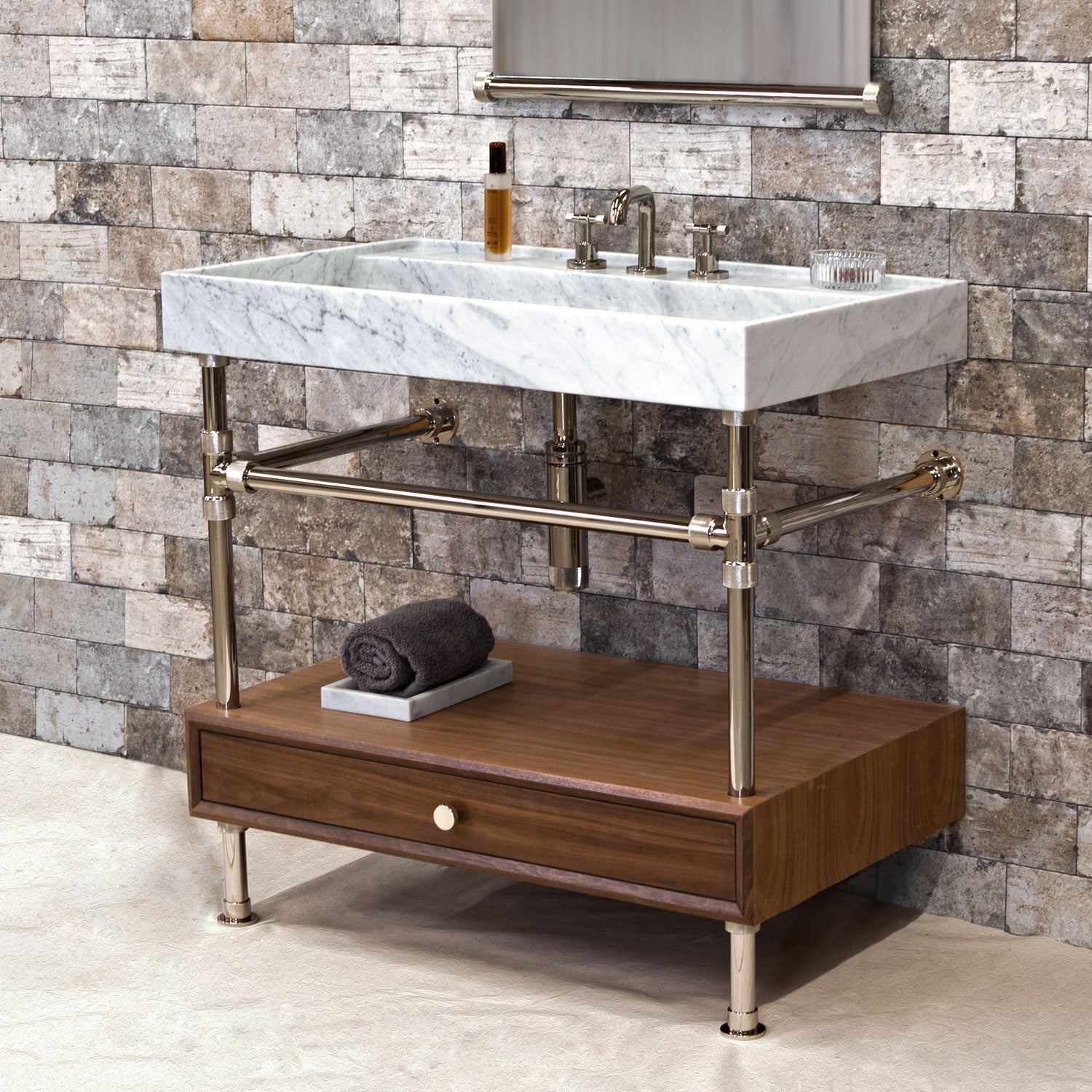 Ventus Bath Sink with Faucet Deck in carrara marble paired with Elemental Classic Legs with Crossbar and added Drawer in polished nickel