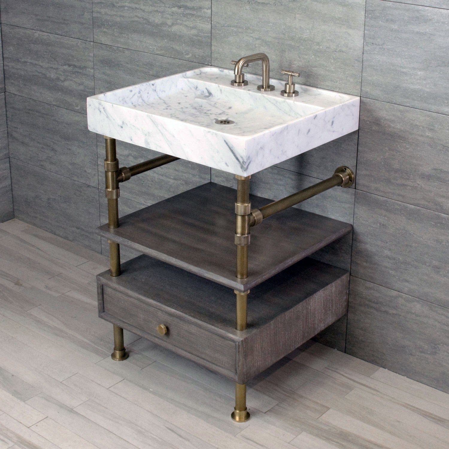 Ventus Bath Sink with Faucet Deck in carrara marble paired with Elemental Classic Console Vanity in aged brass
