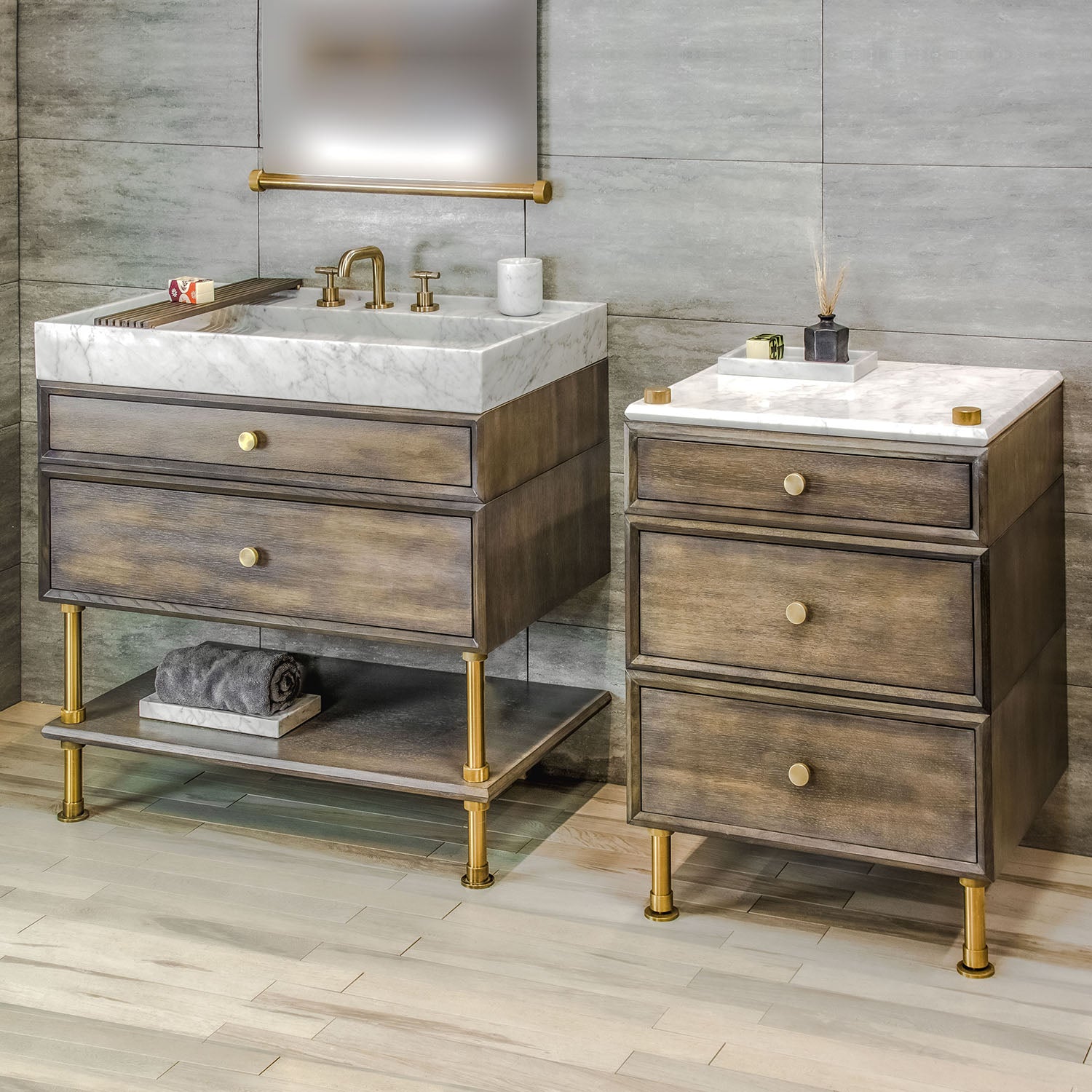 Stone Forest Elemental Classic Side Table in aged brass and carrara marble. Elemental Classic Vanity with split drawers and Ventus Bathsink.