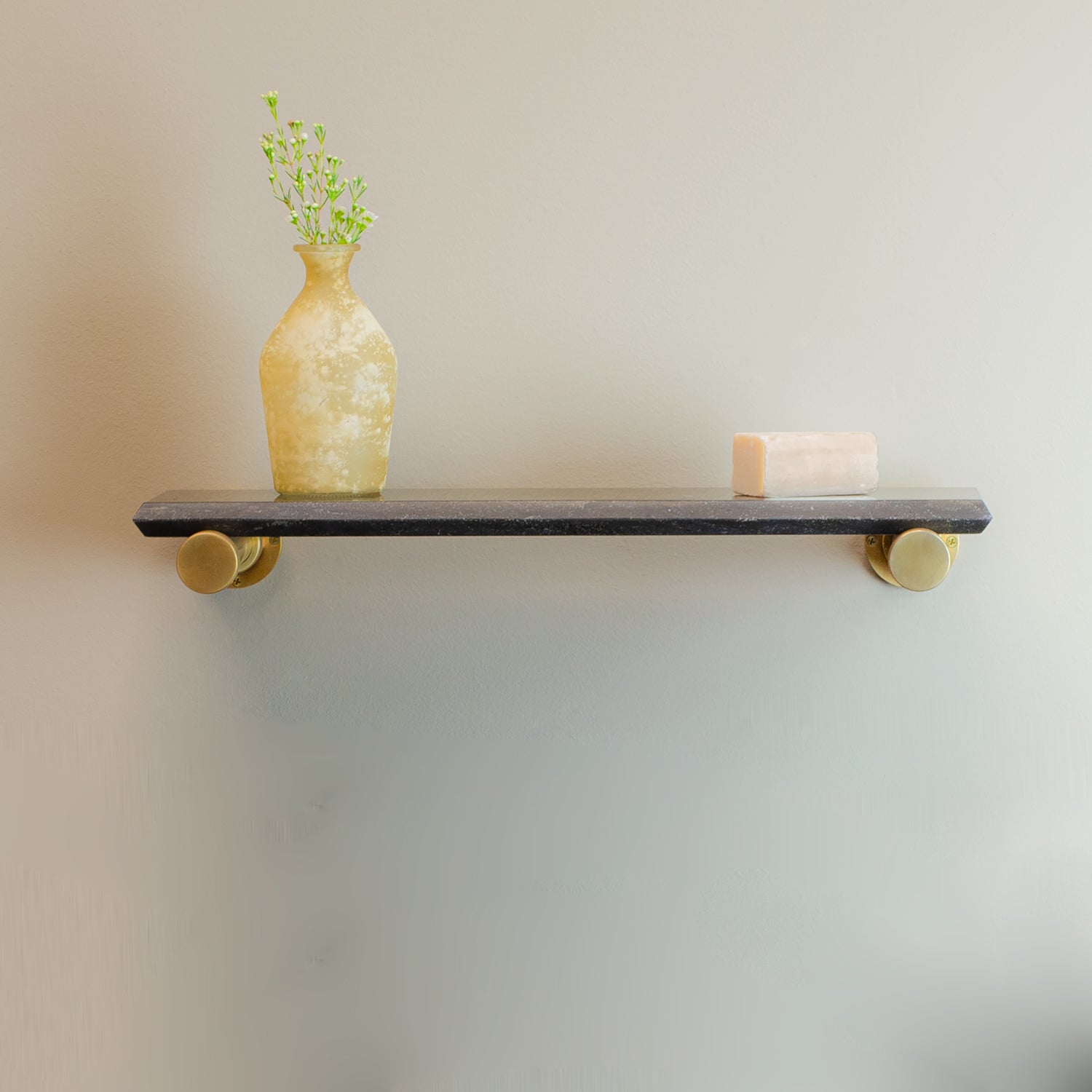 Elemental Classic Accessory Shelf in antique gray limestone and aged brass