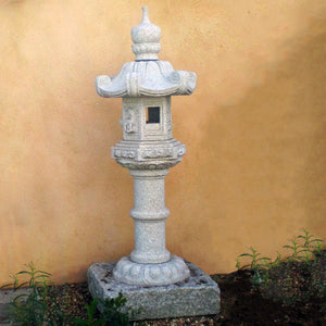 Stone Forest Kasuga-style lantern. This traditional Japanese Lantern is of the Tachi-gata-style or pedestal stone lanterns. Carved from black & white (salt & pepper) granite. 68