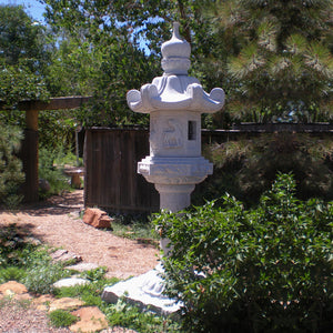 Stone Forest Kasuga-style lantern. This traditional Japanese Lantern is of the Tachi-gata-style or pedestal stone lanterns. Carved from black & white (salt & pepper) granite. 96