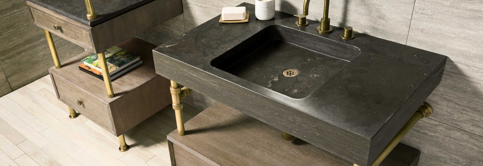 Terra Bath Sink in antique gray limestone with storage unit