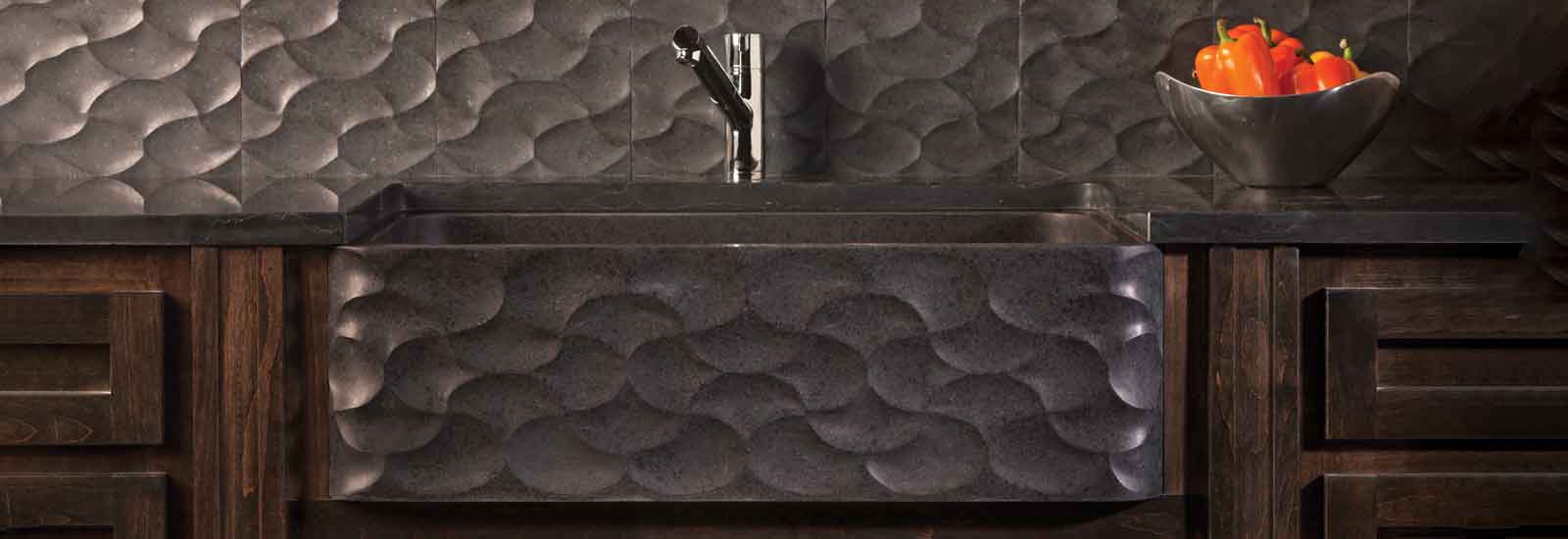 Wave Front Farmhouse Sink in honed basalt