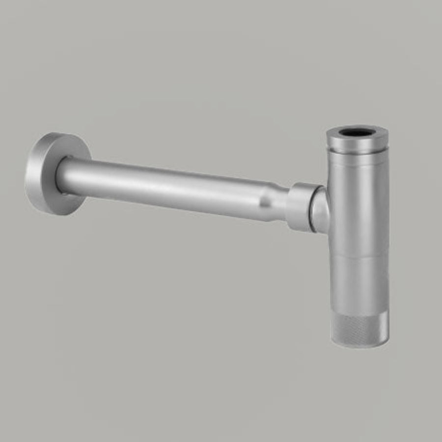 A polished nickel lavatory trap with a round wall outlet and inlet, featuring knurled detailing.