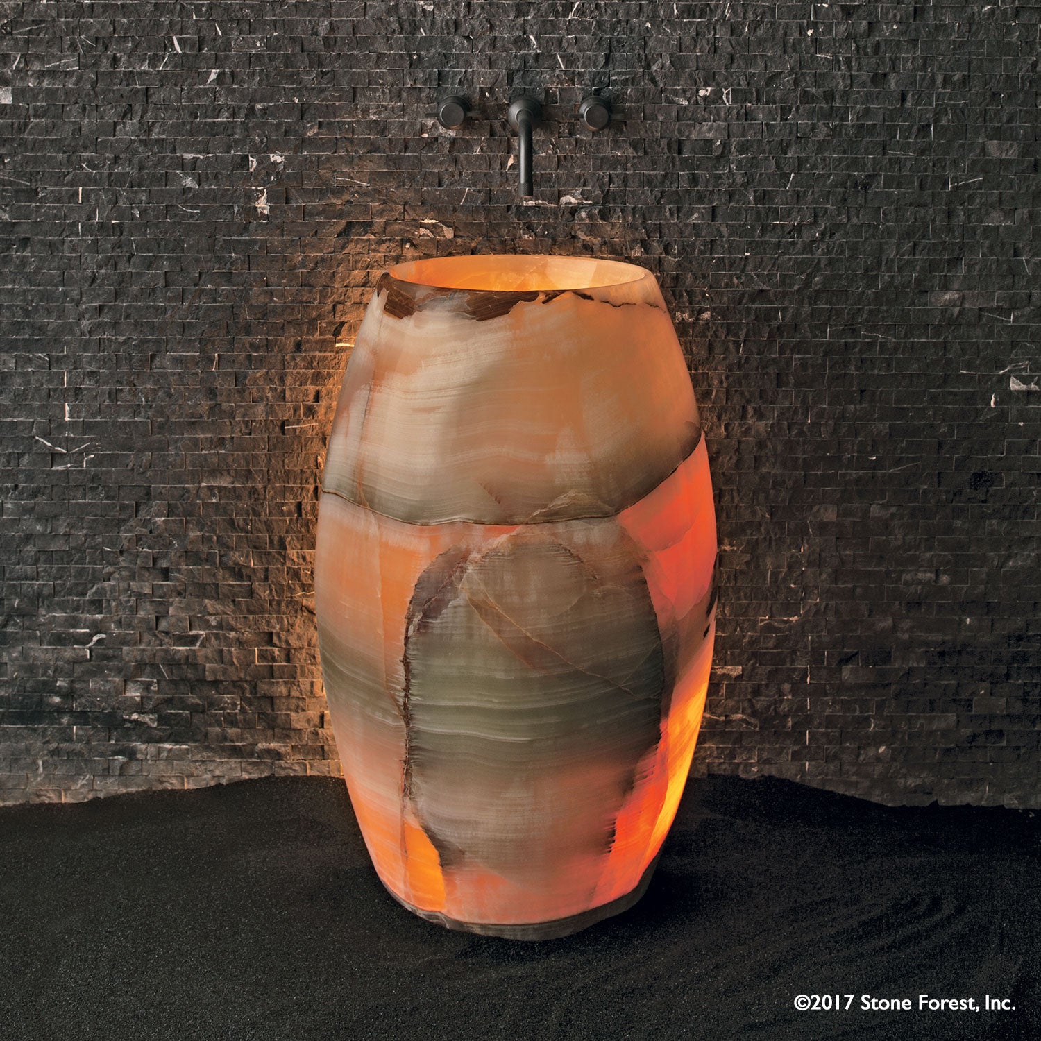 Barrel Pedestal Bath Sink carved from multi-color onyx