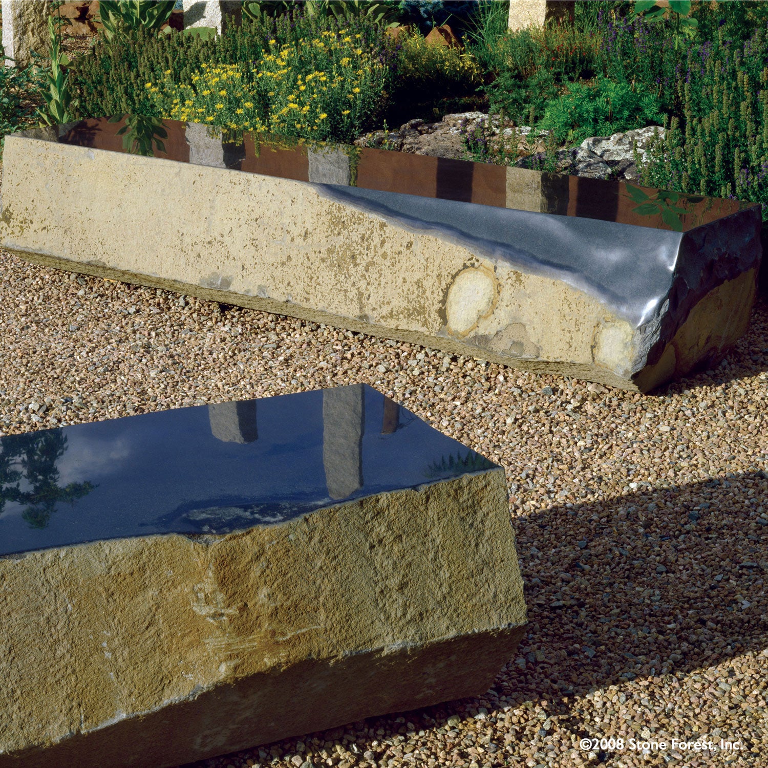 A natural basalt column  bench with the top facet polished to create a smooth surface to sit on.  These one-of-a-kind benchs are available in varying lengths, ranging from 72 to 90 inches.