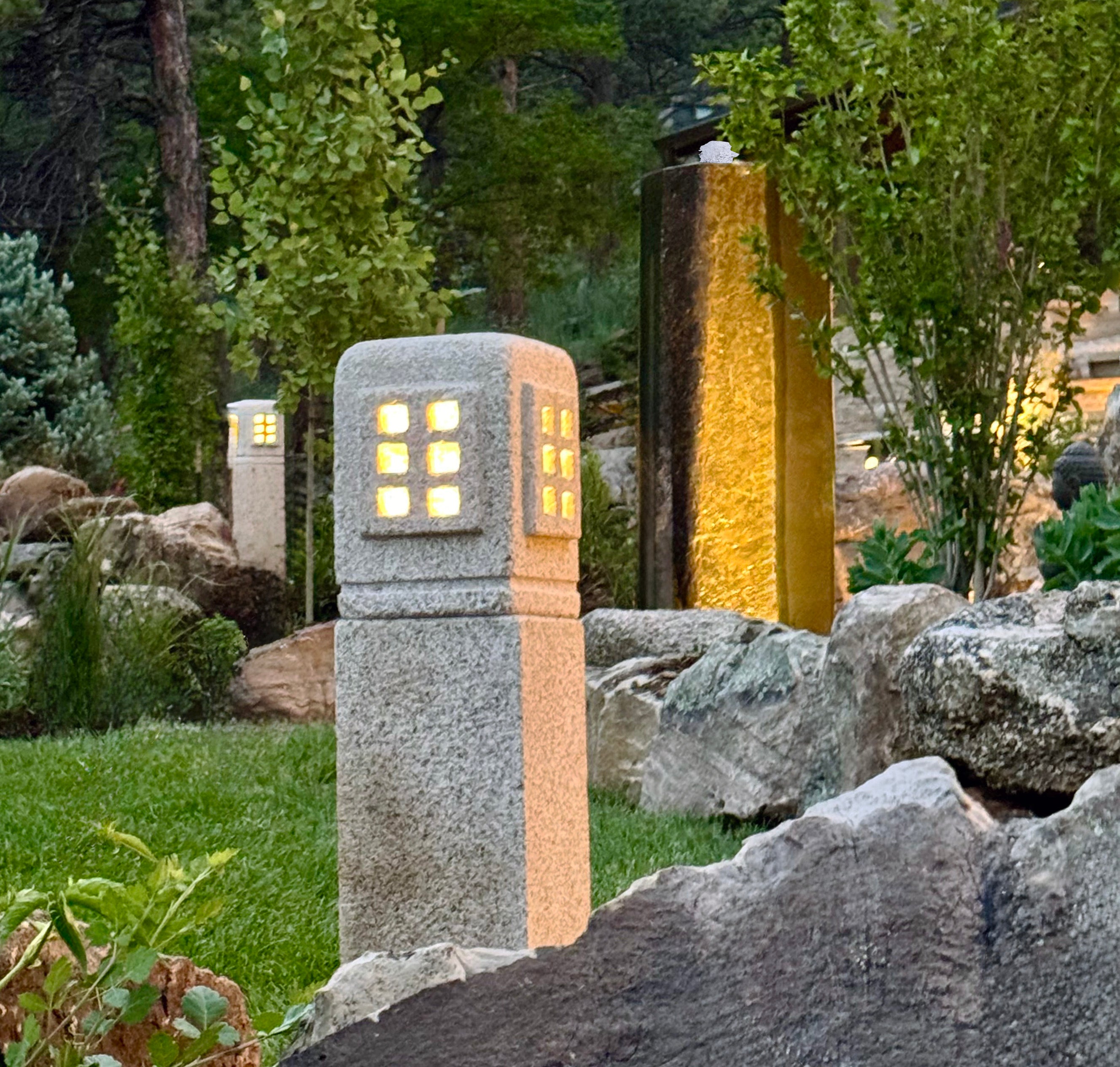 Post Lantern and Column Fountain carved from stone