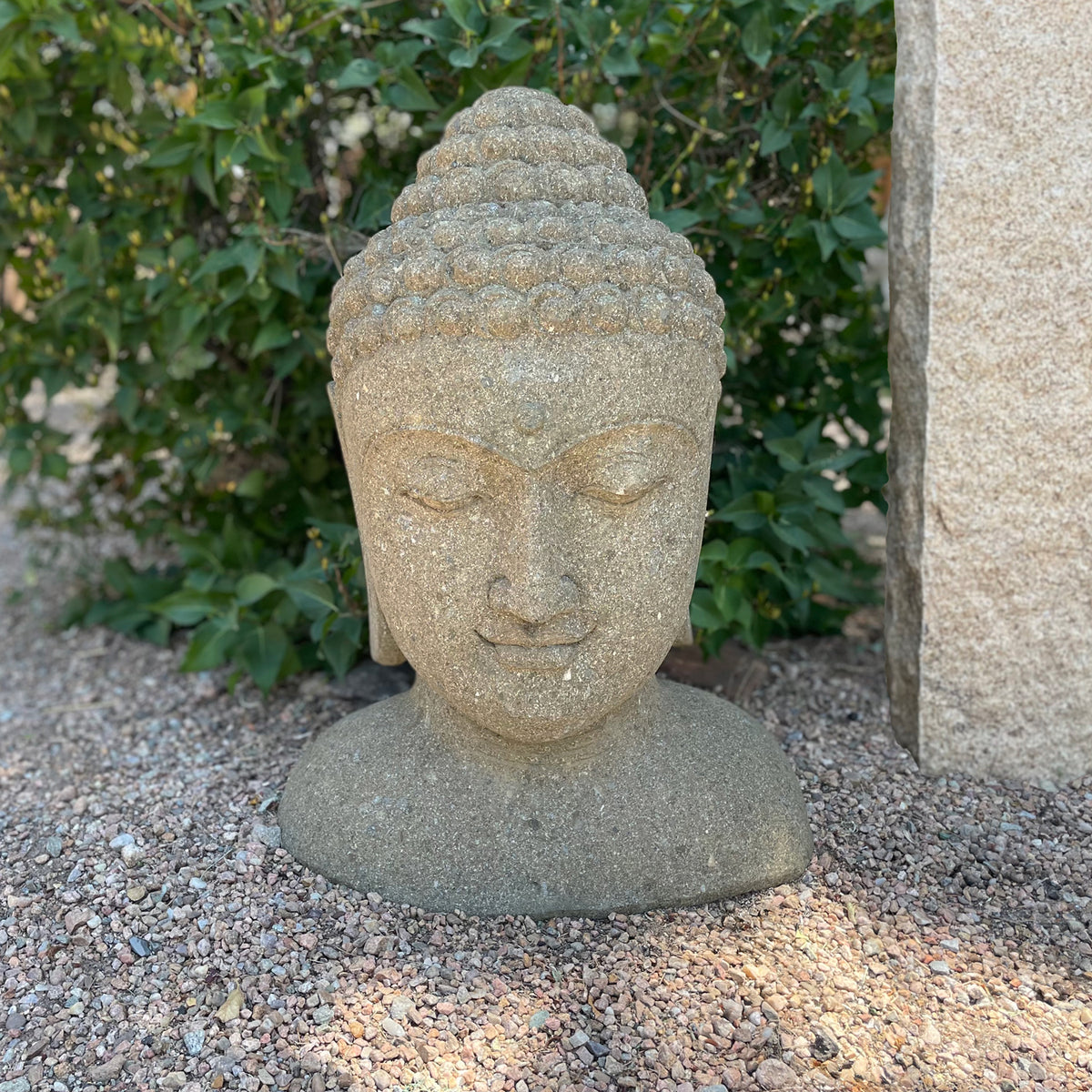 Stone Buddha head sculpture on a gravel surface with greenery in the background image 1 of 2